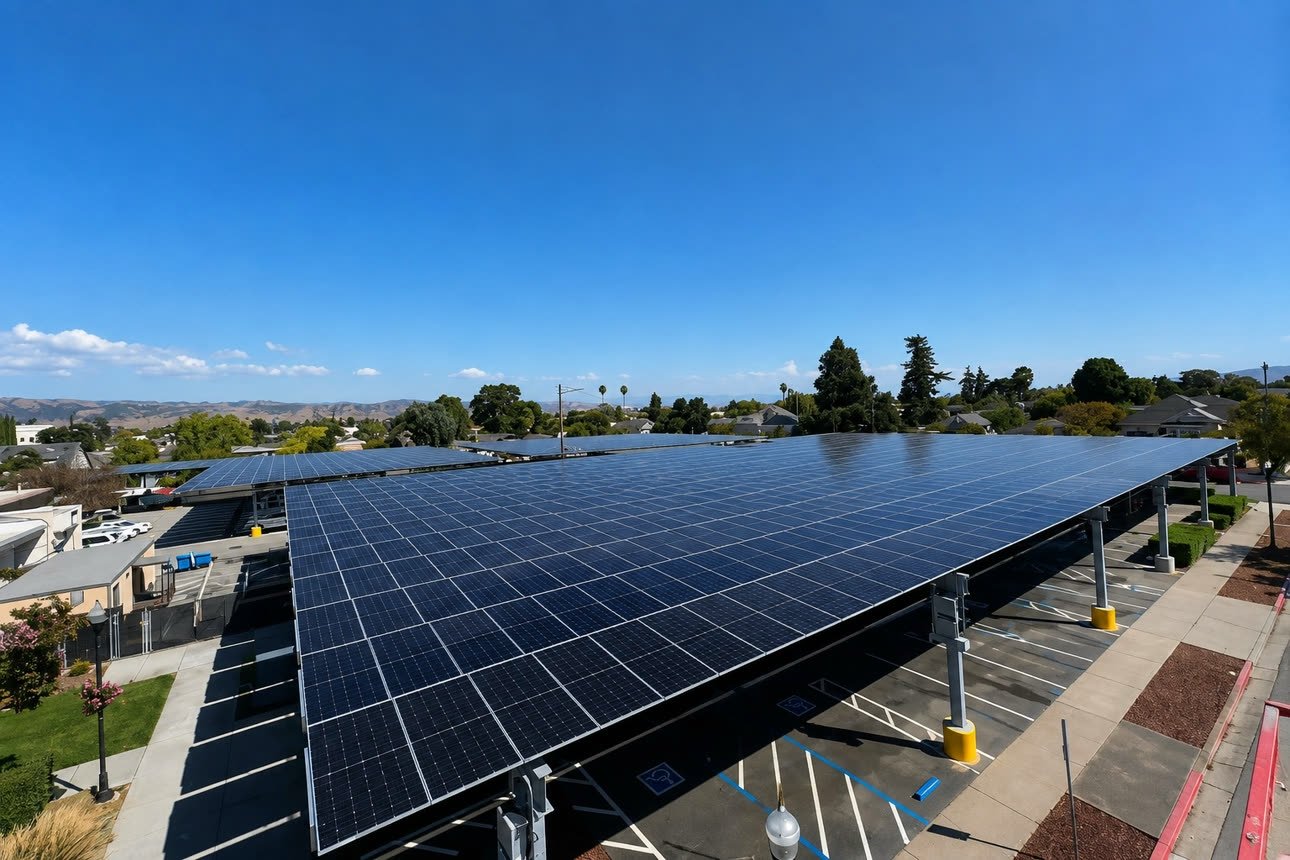 The same solar carport array gleaming after cleaning