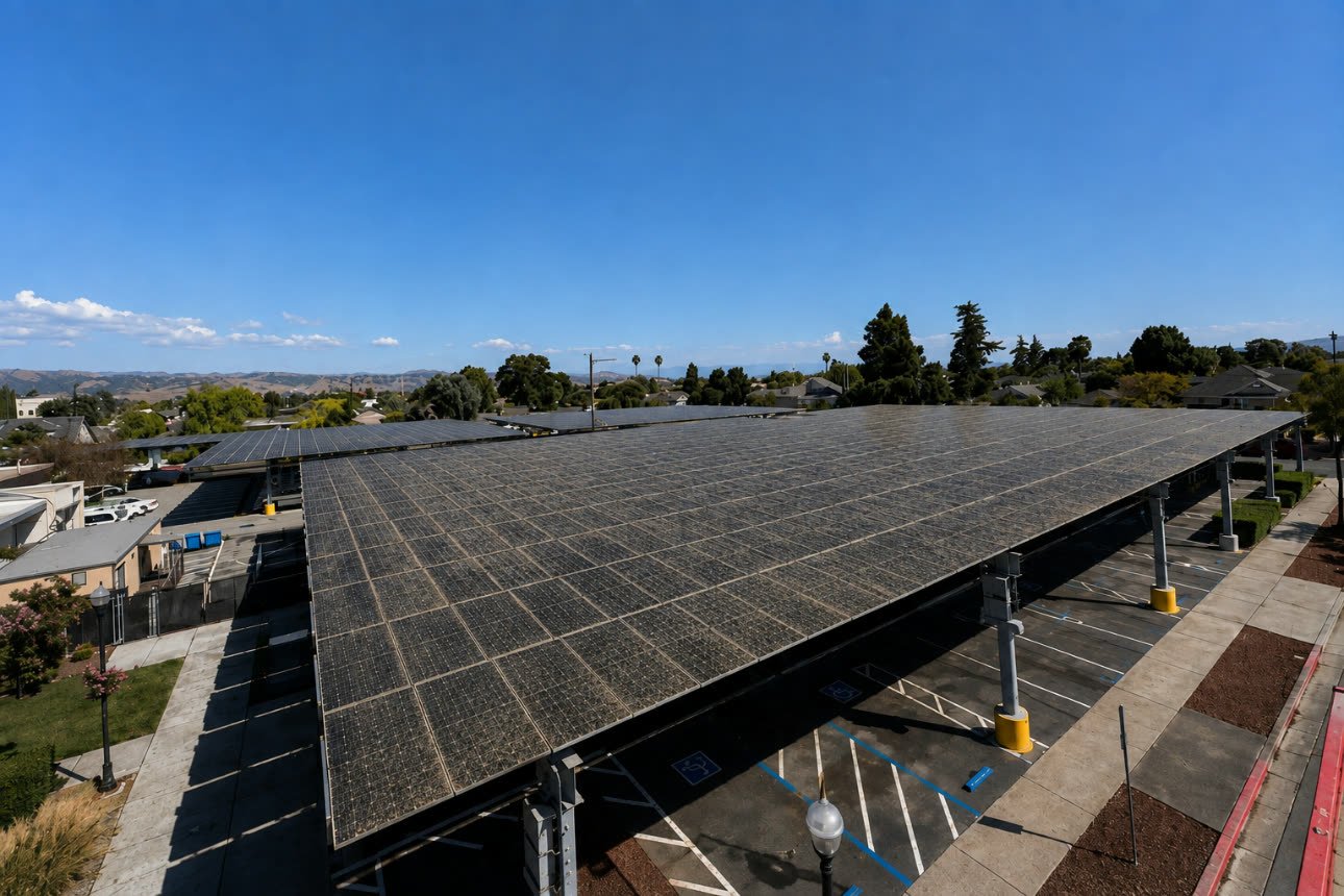 Solar carport array covered in dust before cleaning