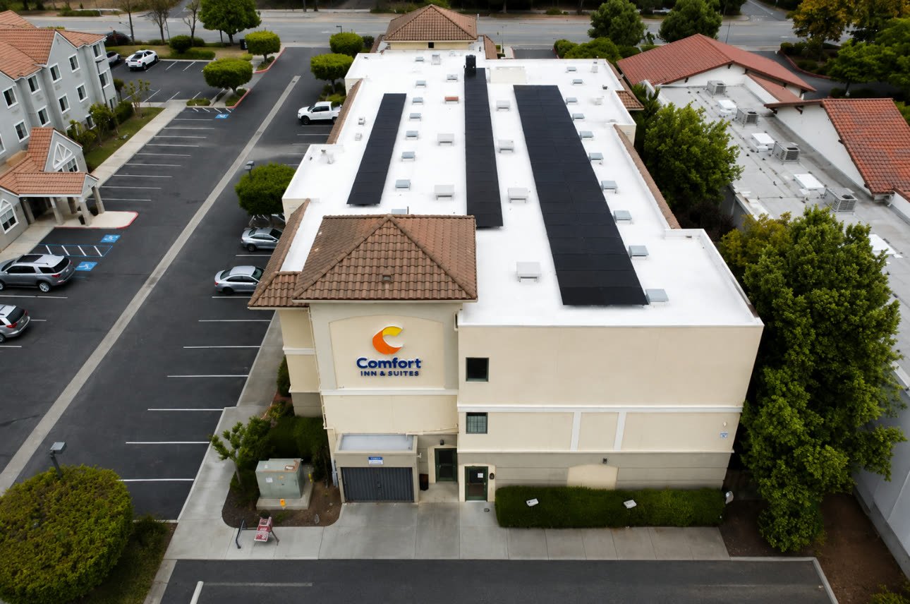 Drone view of the Comfort Inn rooftop array maintained by South County