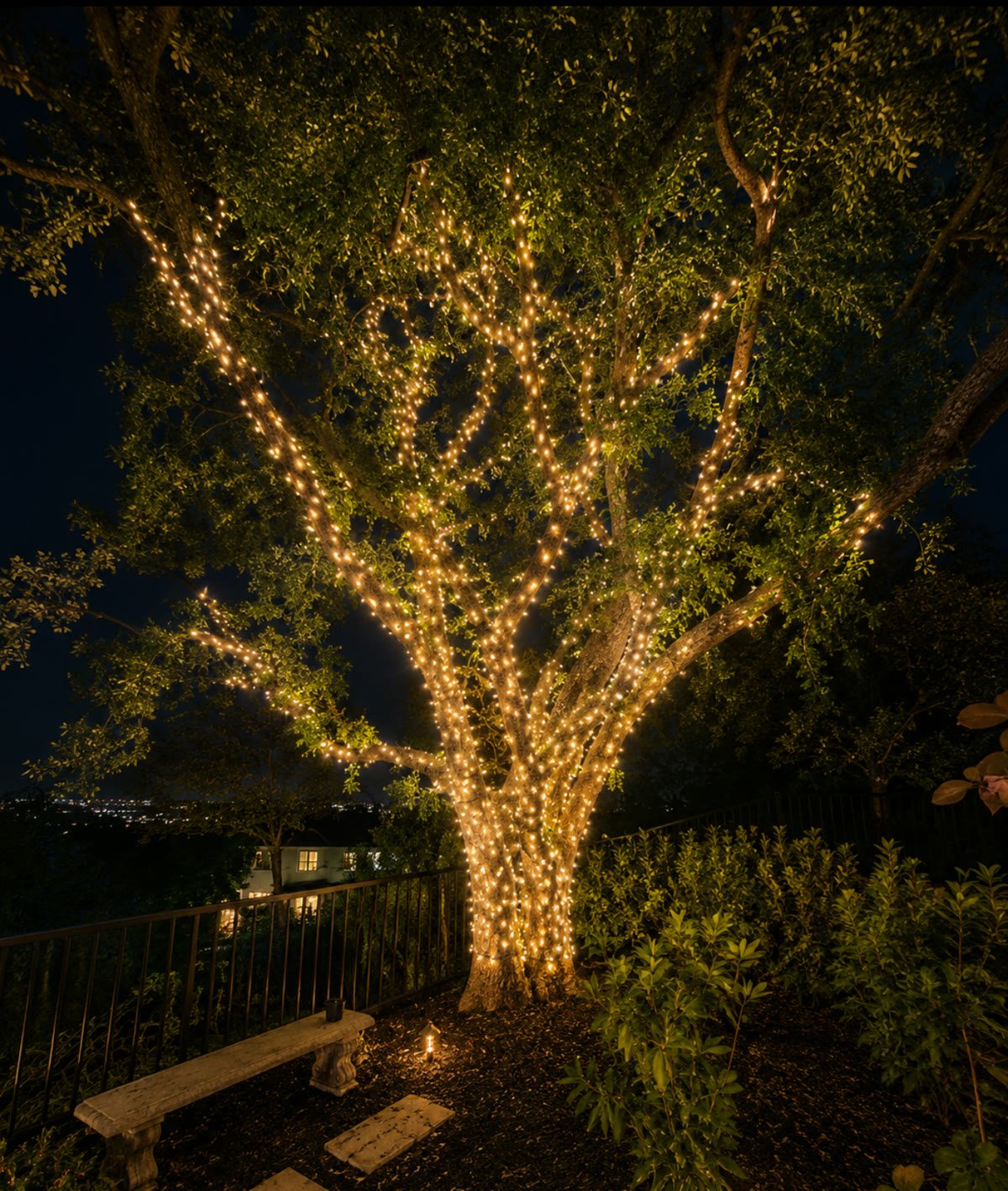 A tall backyard oak wrapped in warm lights above a garden bench and stone path