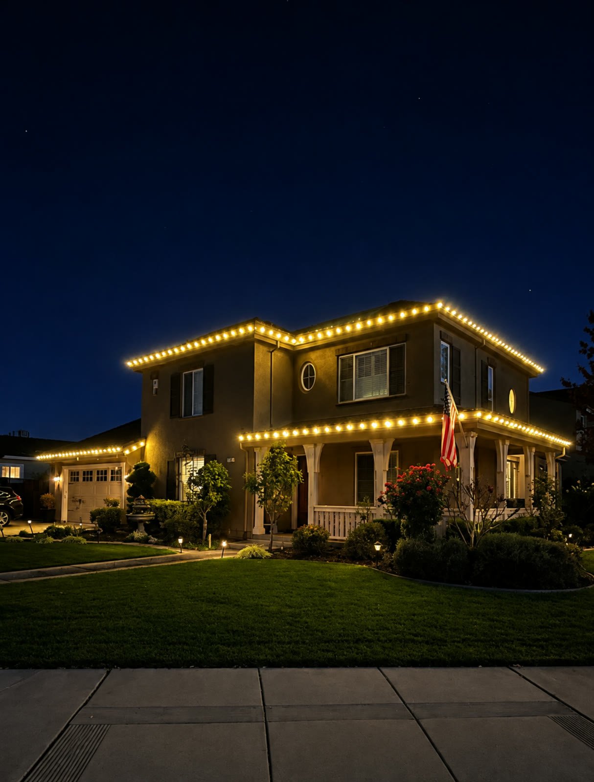 Warm white lights along a two-story roofline and porch